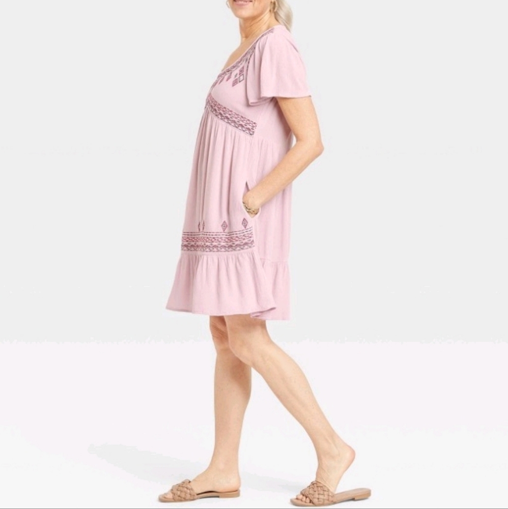 Knox Rose Woman's Flutter Short Sleeve Embroidered A-line Dress - Picture 3 of 14